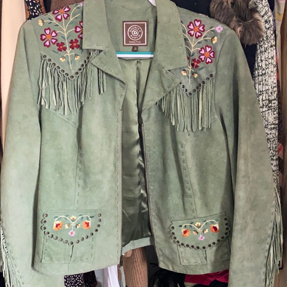 Double D Ranch green leather fringed jacket